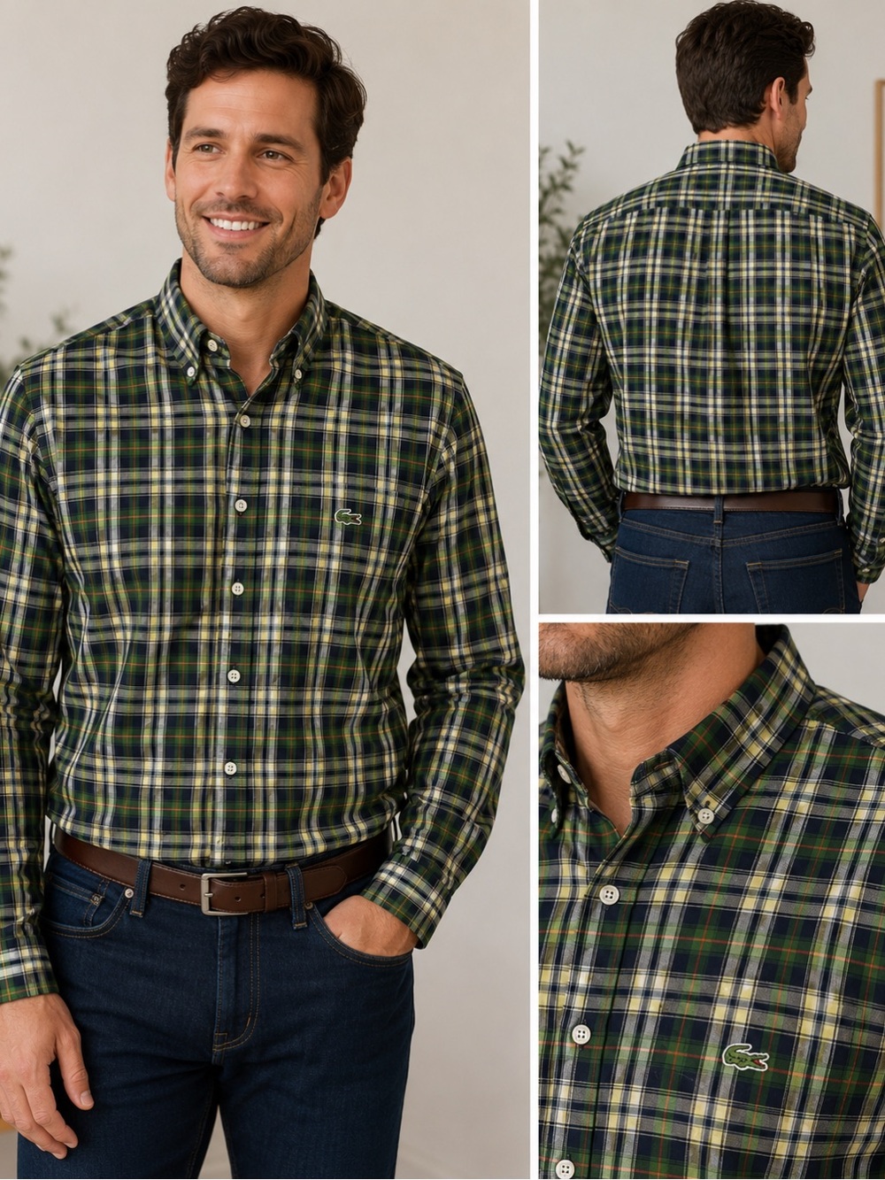 Lacoste Plaid Button Down Shirt Size 40 Green Blue Yellow 100%Cotton EUC - Picture 6 of 6